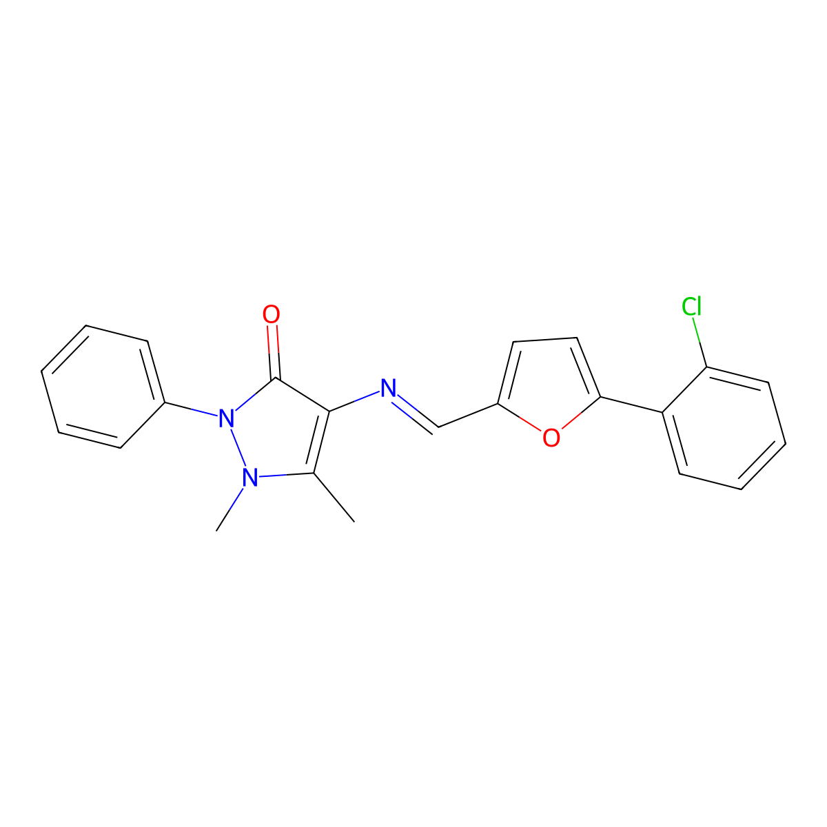 4-({[5-(2-chlorophenyl)-2-furyl]methylene}amino)-1,5-dimethyl-2-phenyl-1,2-dihydro-3H-pyrazol-3-one molecular structure, CAS 302824-14-2