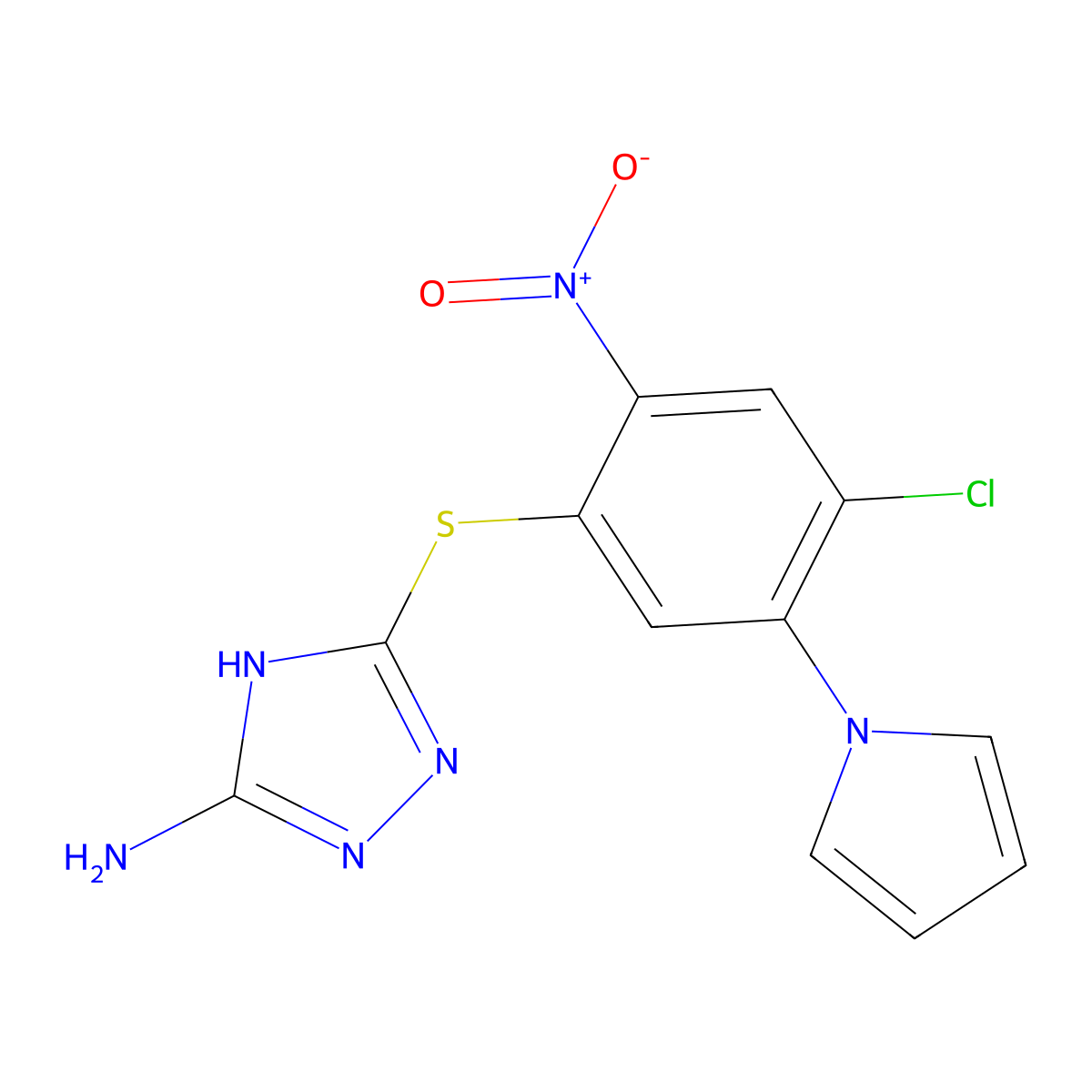 3-(4-chloro-2-nitro-5-pyrrol-1-ylphenyl)sulfanyl-1H-1,2,4-triazol-5-amine molecular structure, CAS 302901-13-9