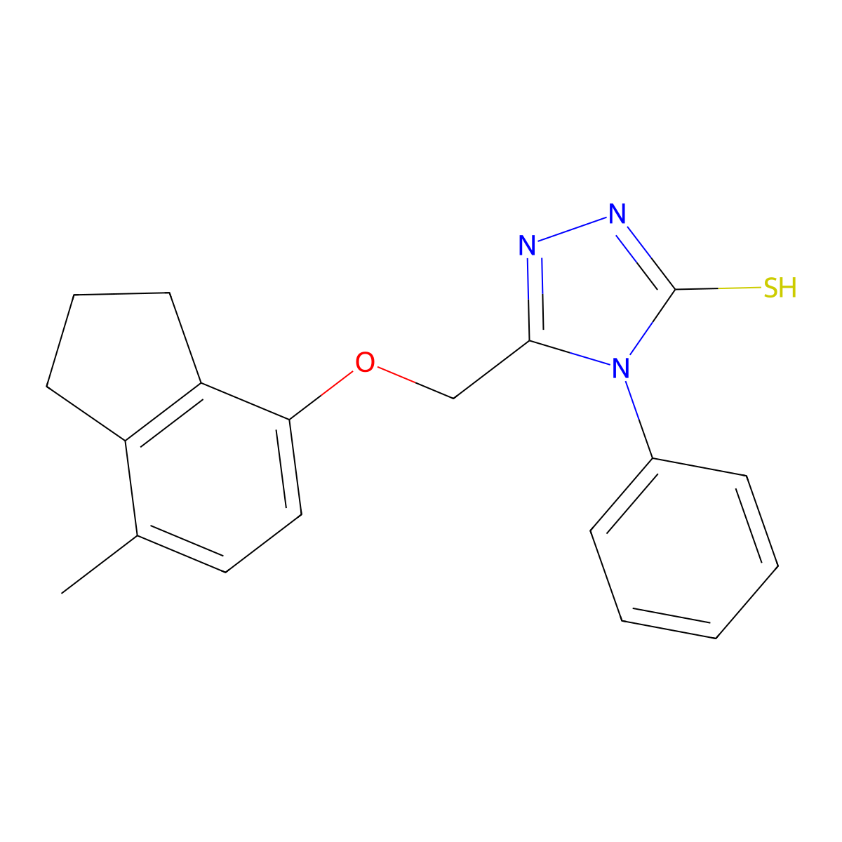 3-[(7-methyl-2,3-dihydro-1H-inden-4-yl)oxymethyl]-4-phenyl-1H-1,2,4-triazole-5-thione molecular structure, CAS 302901-16-2