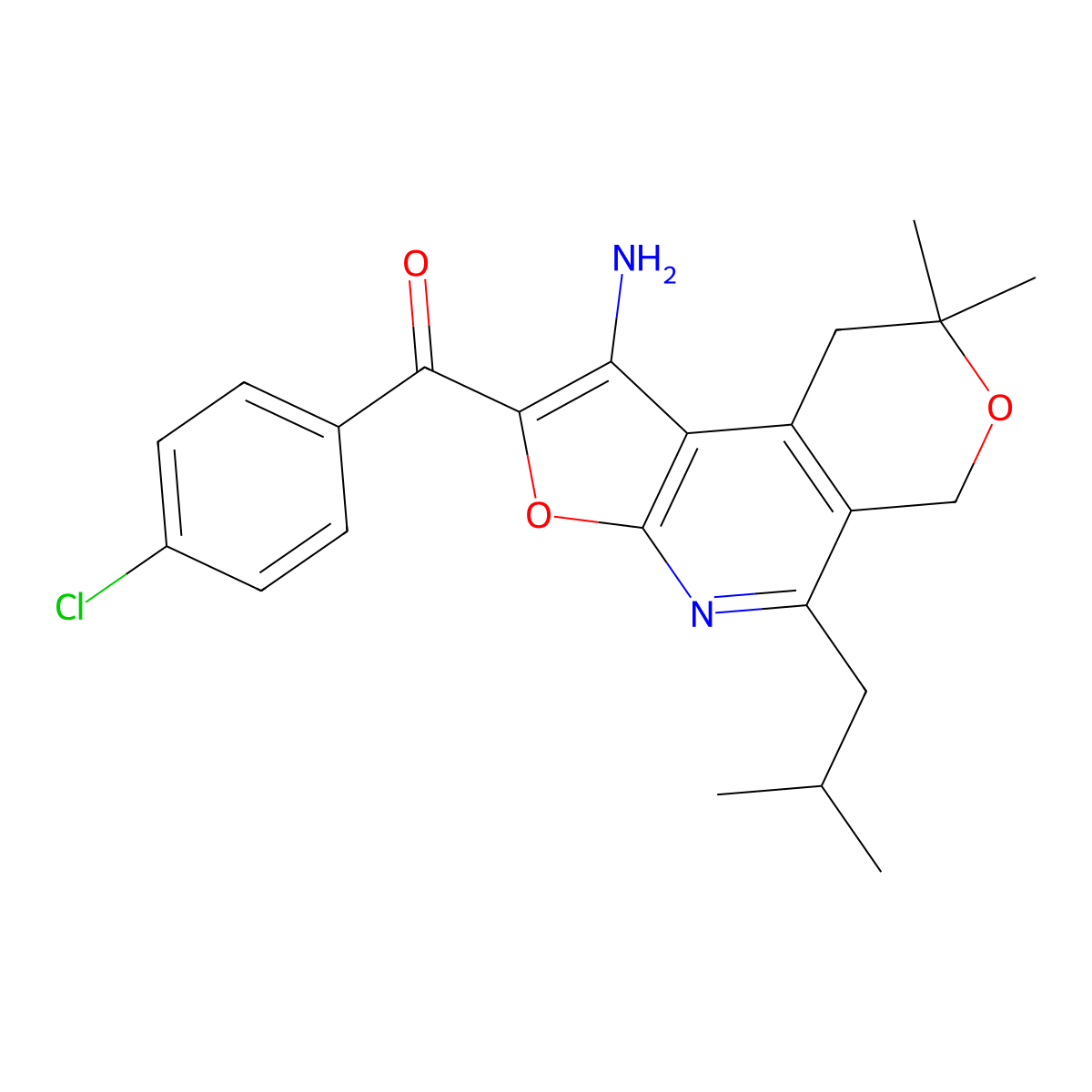 (1-amino-5-isobutyl-8,8-dimethyl-8,9-dihydro-6H-furo[2,3-b]pyrano[4,3-d]pyridin-2-yl)(4-chlorophenyl)methanone molecular structure, CAS 302901-55-9