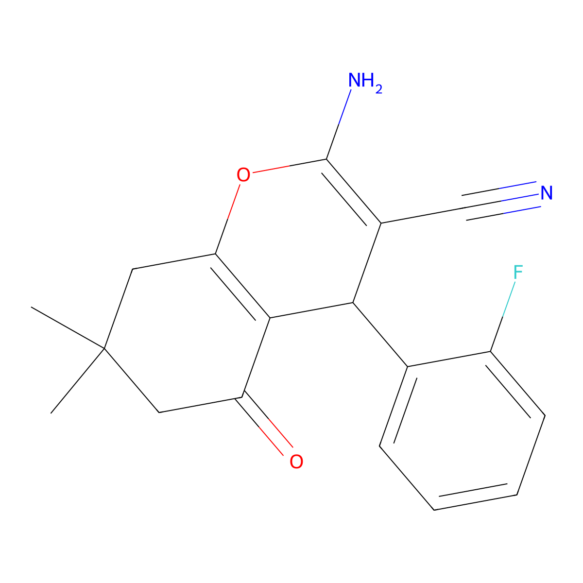 2-amino-4-(2-fluorophenyl)-7,7-dimethyl-5-oxo-5,6,7,8-tetrahydro-4H-chromene-3-carbonitrile molecular structure, CAS 302901-61-7