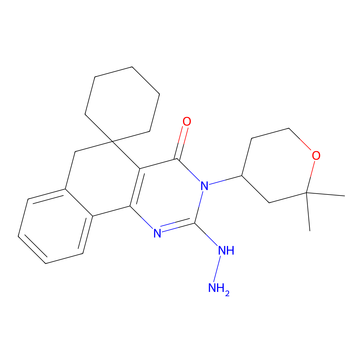 3-(2,2-dimethyloxan-4-yl)-2-hydrazinylspiro[6H-benzo[h]quinazoline-5,1'-cyclohexane]-4-one molecular structure, CAS 302903-98-6