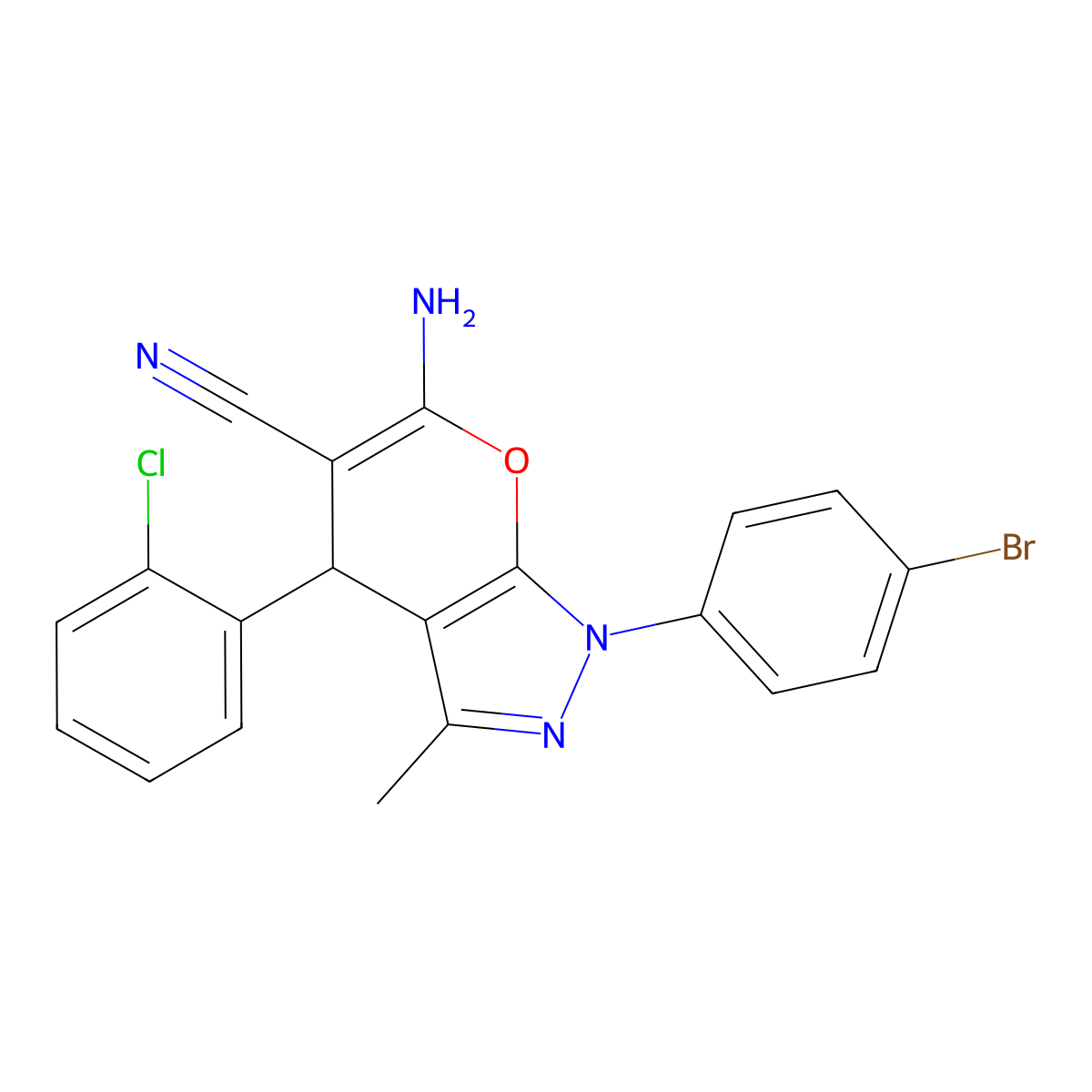 6-Amino-1-(4-bromophenyl)-4-(2-chlorophenyl)-3-methyl-1,4-dihydropyrano[2,3-C]pyrazole-5-carbonitrile molecular structure, CAS 302904-11-6