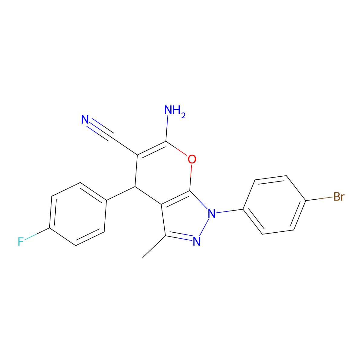 6-Amino-1-(4-bromophenyl)-4-(4-fluorophenyl)-3-methyl-1,4-dihydropyrano(2,3-C)pyrazole-5-carbonitrile molecular structure, CAS 302904-12-7