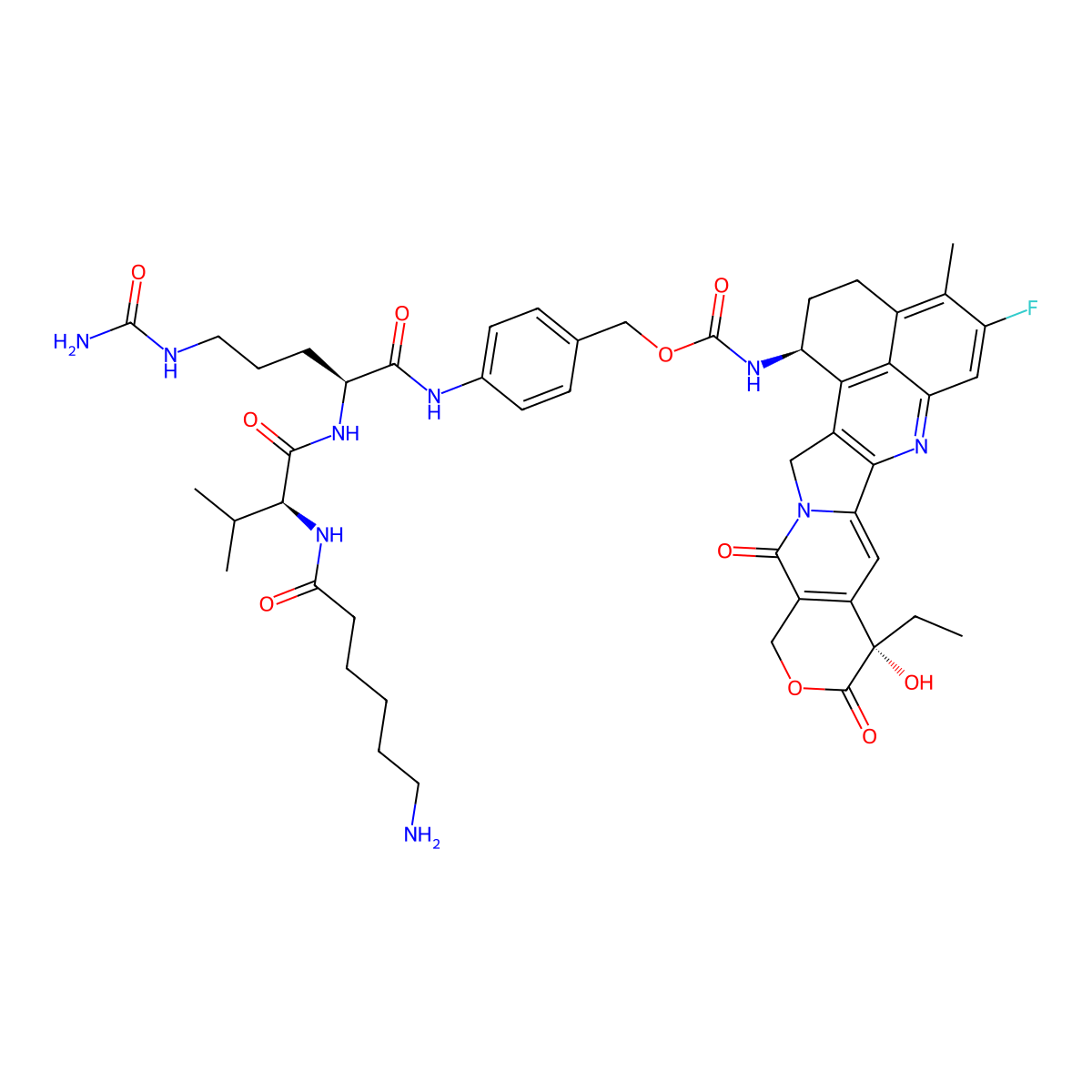 Aminocaproyl-Val-Cit-PABC-Exatecan TFA salt molecular structure, CAS 3029114-39-1