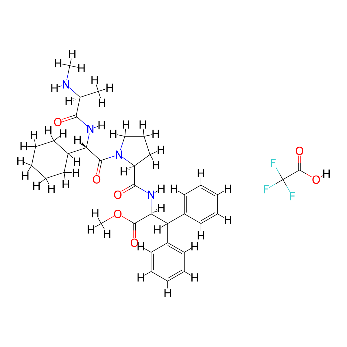 Methyl (S)-2-((S)-1-((S)-2-cyclohexyl-2-((S)-2-(methylamino)propanamido)acetyl)pyrrolidine-2-carboxamido)-3,3-diphenylpropanoate 2,2,2-trifluoroacetate molecular structure, CAS 3029247-63-7