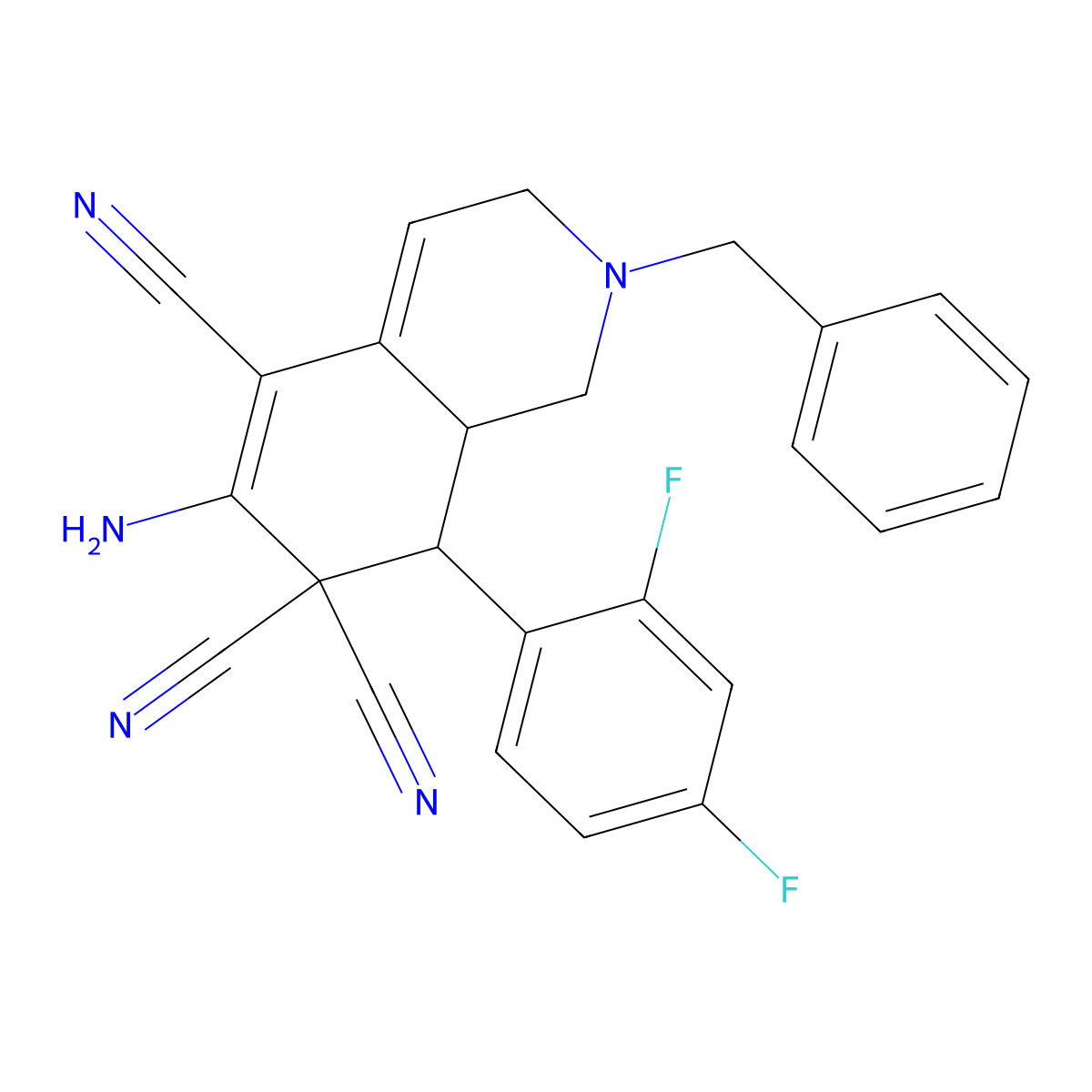 6-amino-2-benzyl-8-(2,4-difluorophenyl)-2,3,8,8a-tetrahydroisoquinoline-5,7,7(1H)-tricarbonitrile molecular structure, CAS 302925-29-7