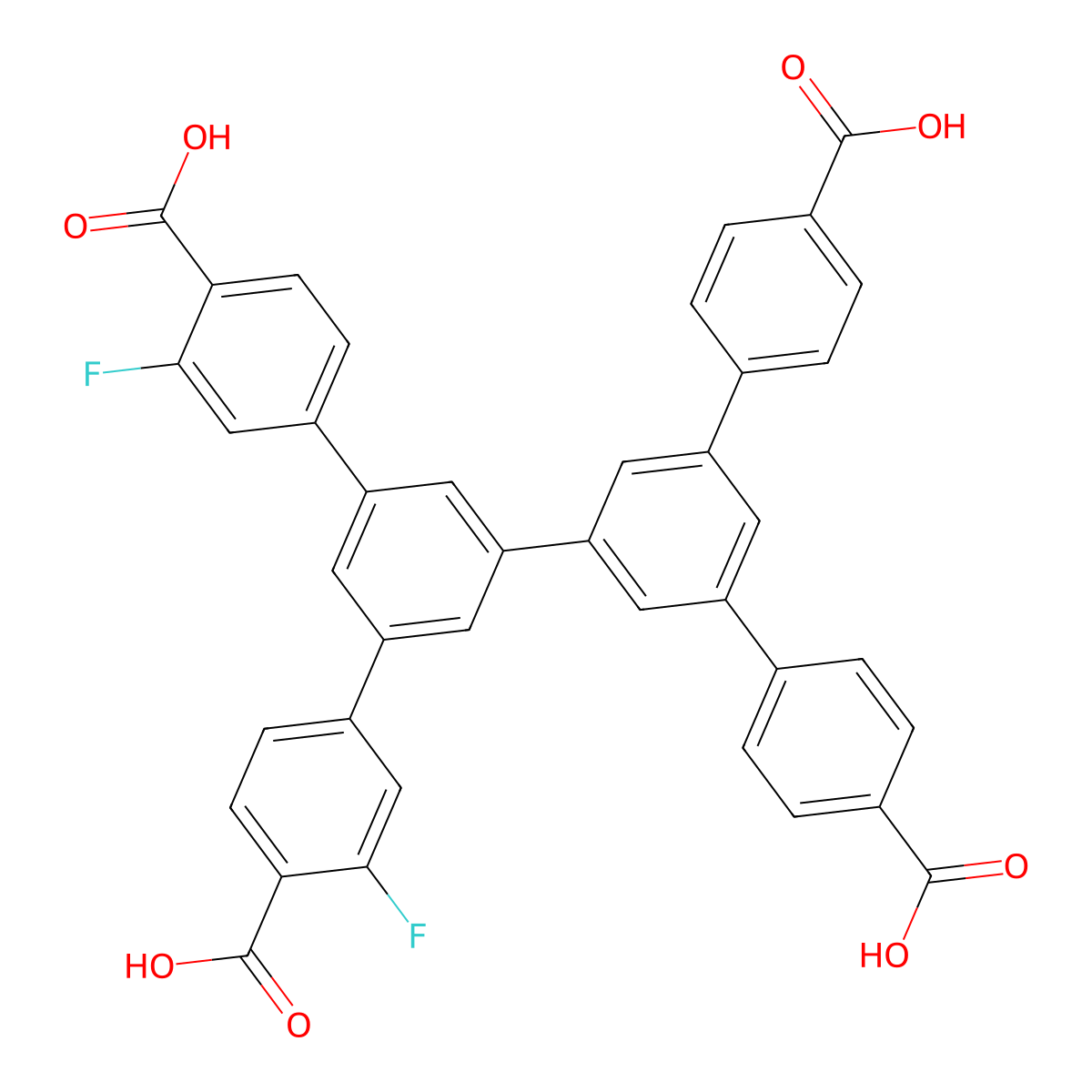 5'-(4-Carboxy-3-fluorophenyl)-5''-(4-carboxyphenyl)-3-fluoro-[1,1':3',1'':3'',1'''-quaterphenyl]-4,4'''-dicarboxylic acid molecular structure, CAS 3029269-99-3