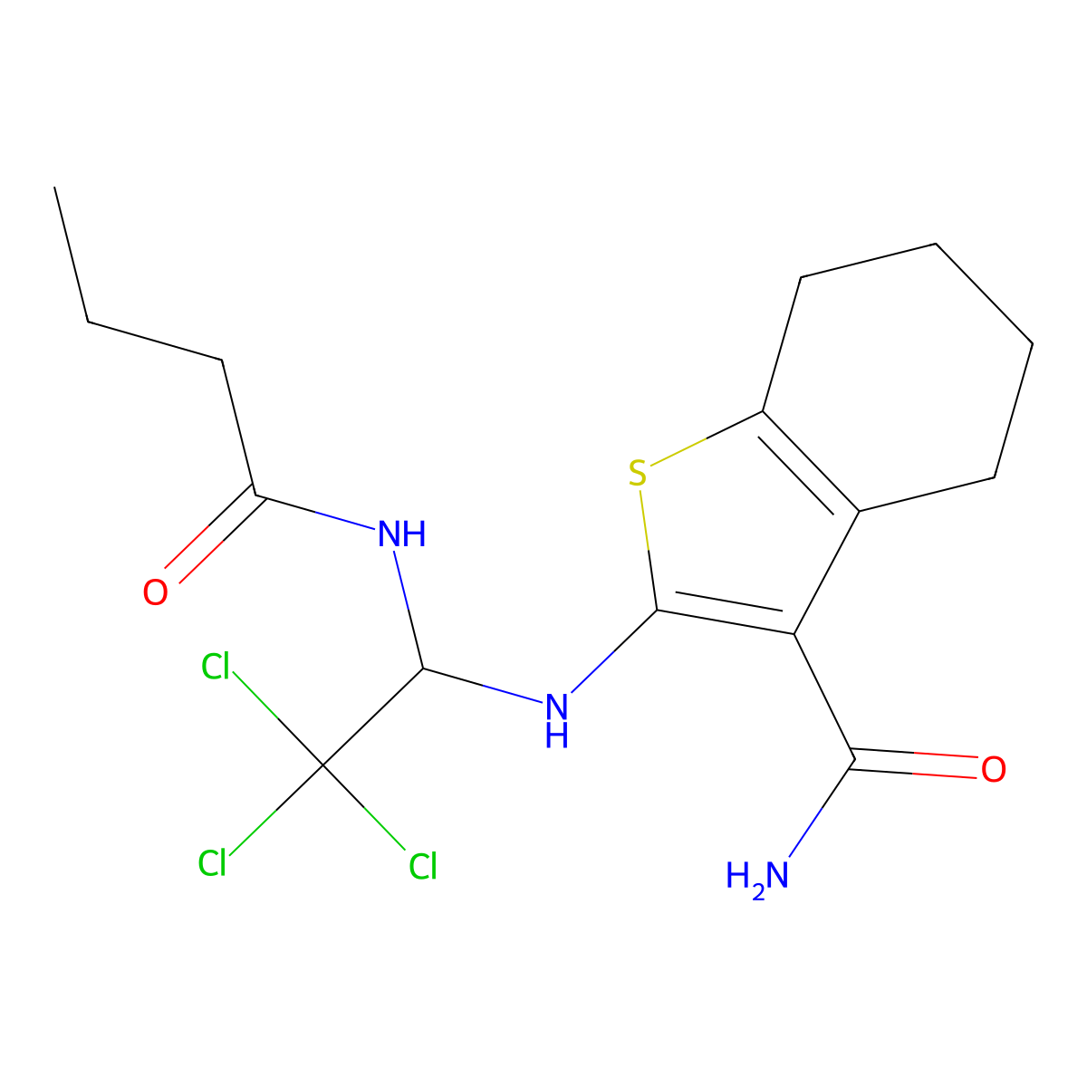 2-((1-Butyramido-2,2,2-trichloroethyl)amino)-4,5,6,7-tetrahydrobenzo[b]thiophene-3-carboxamide molecular structure, CAS 302934-31-2