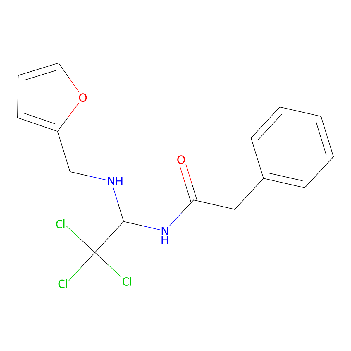2-phenyl-N-(2,2,2-trichloro-1-((furan-2-ylmethyl)amino)ethyl)acetamide molecular structure, CAS 302934-56-1