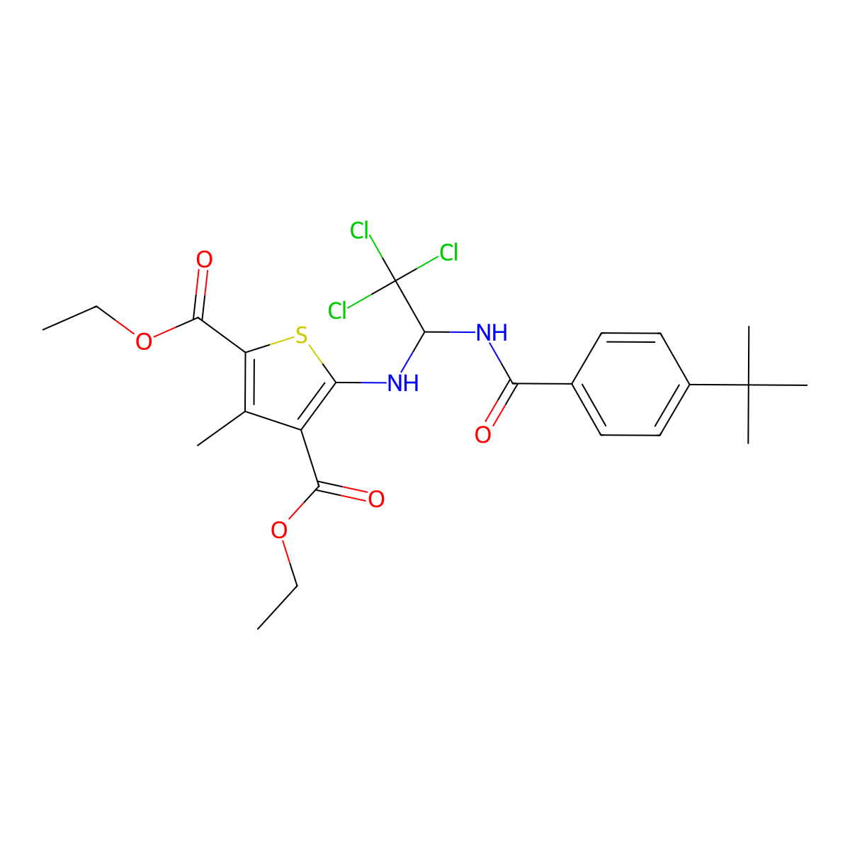Diethyl 5-({1-[(4-tert-butylbenzoyl)amino]-2,2,2-trichloroethyl}amino)-3-methyl-2,4-thiophenedicarboxylate molecular structure, CAS 302934-63-0