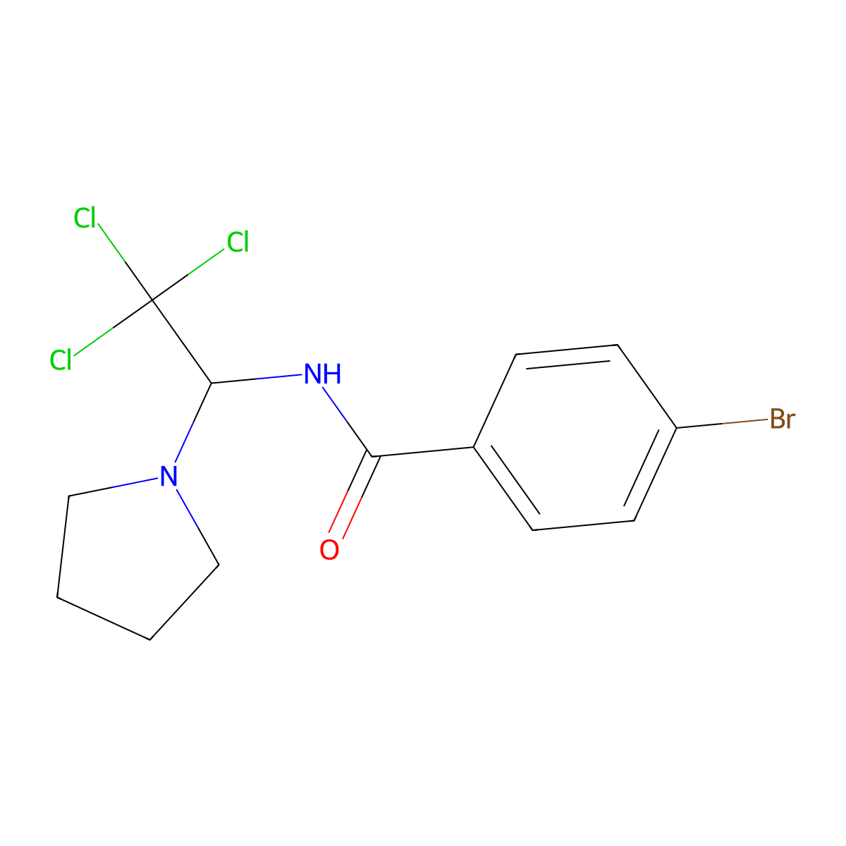 4-bromo-N-(2,2,2-trichloro-1-(pyrrolidin-1-yl)ethyl)benzamide molecular structure, CAS 302934-77-6