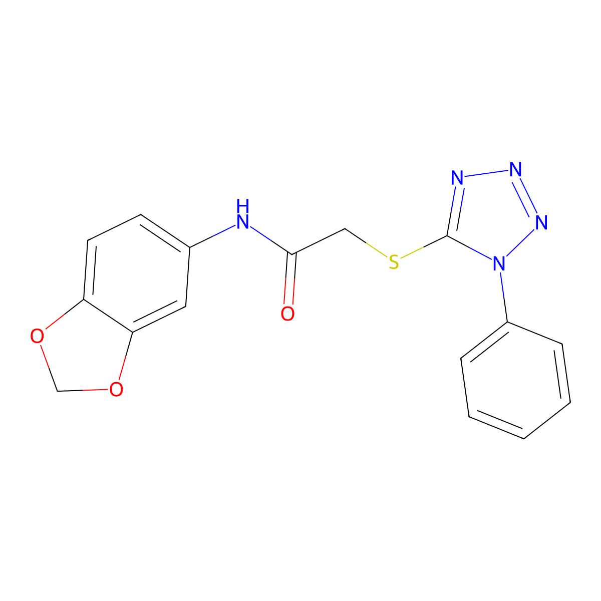 N-Benzo[1,3]dioxol-5-yl-2-(1-phenyl-1H-tetrazol-5-ylsulfanyl)-acetamide molecular structure, CAS 302935-88-2