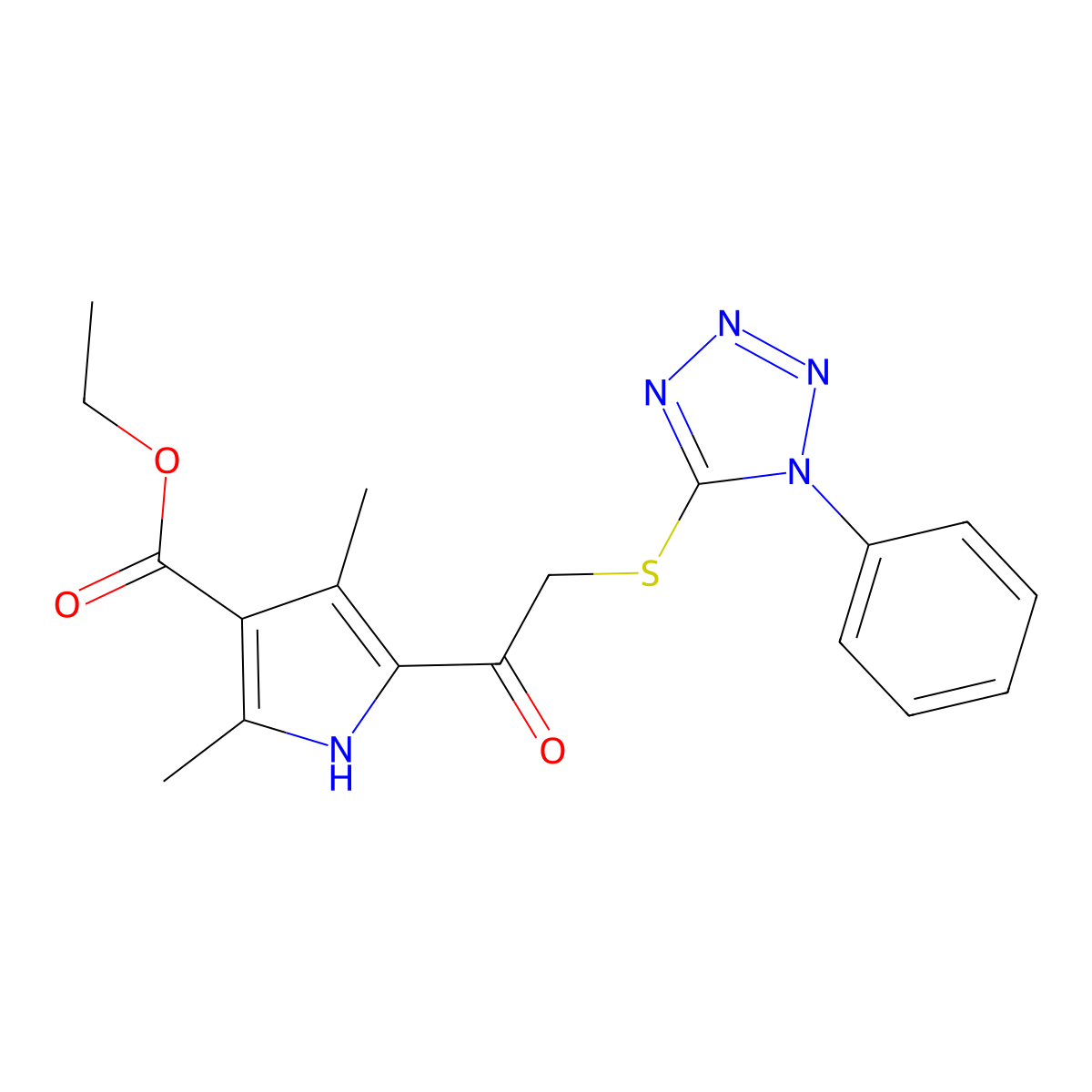 ethyl 2,4-dimethyl-5-{2-[(1-phenyl-1H-1,2,3,4-tetrazol-5-yl)sulfanyl]acetyl}-1H-pyrrole-3-carboxylate molecular structure, CAS 302935-96-2