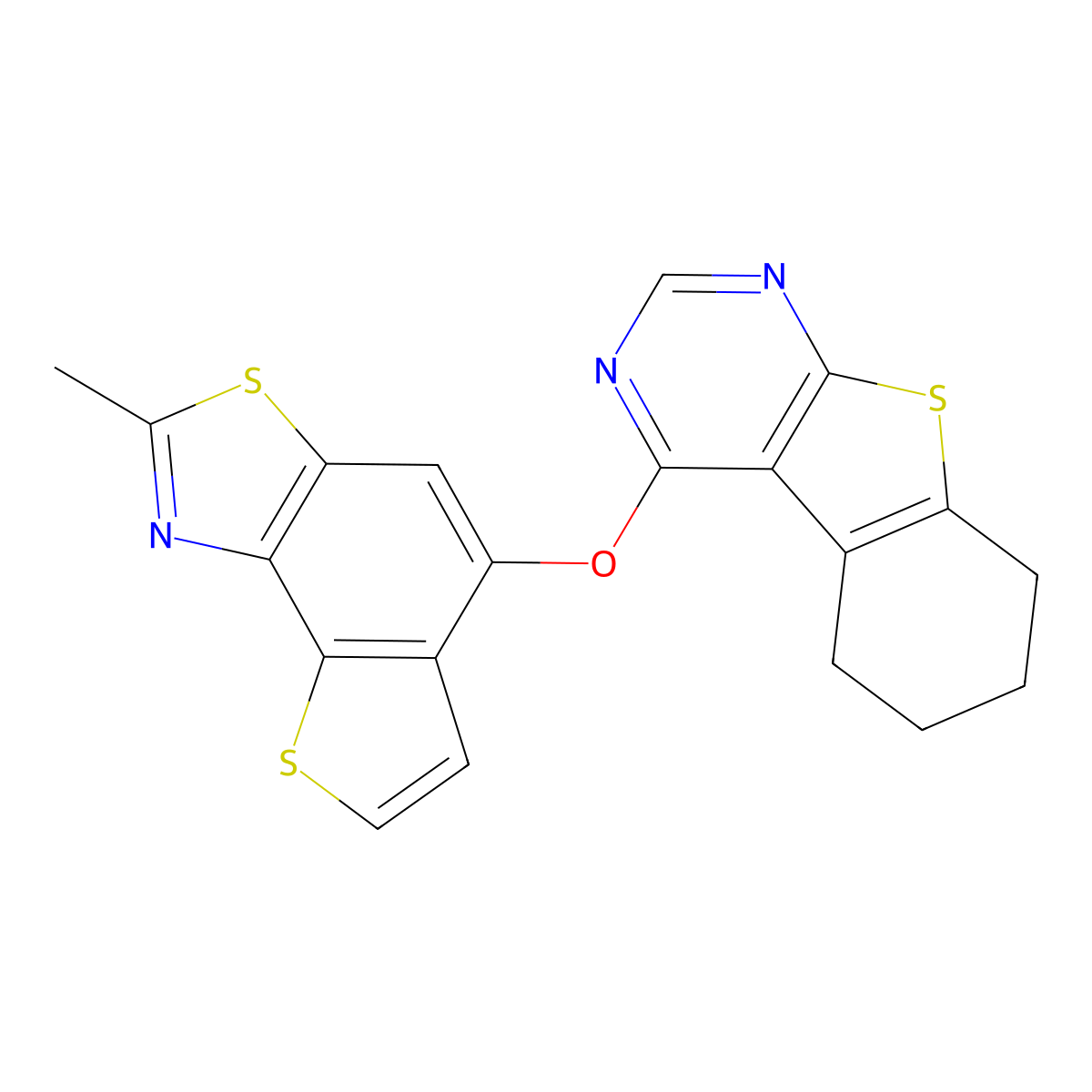 3-({4-Methyl-5,12-dithia-3-azatricyclo[7.3.0.0^{2,6}]dodeca-1,3,6,8,10-pentaen-8-yl}oxy)-8-thia-4,6-diazatricyclo[7.4.0.0^{2,7}]trideca-1(9),2,4,6-tetraene molecular structure, CAS 302935-98-4