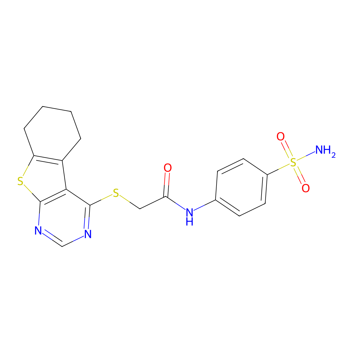 N-(4-sulfamoylphenyl)-2-(5,6,7,8-tetrahydro[1]benzothieno[2,3-d]pyrimidin-4-ylsulfanyl)acetamide molecular structure, CAS 302936-38-5