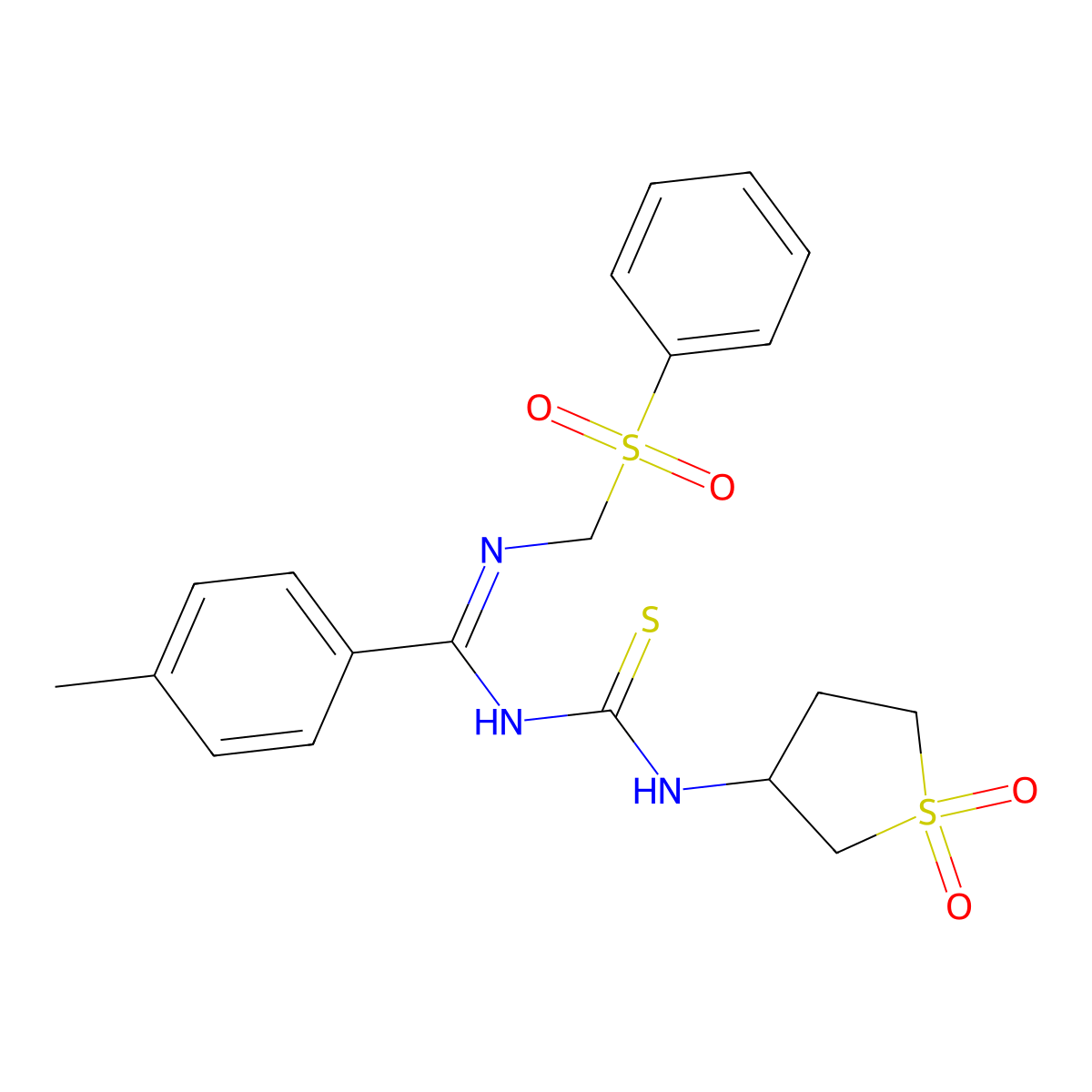 (Z)-N-((1,1-dioxidotetrahydrothiophen-3-yl)carbamothioyl)-4-methyl-N'-((phenylsulfonyl)methyl)benzimidamide molecular structure, CAS 302936-88-5