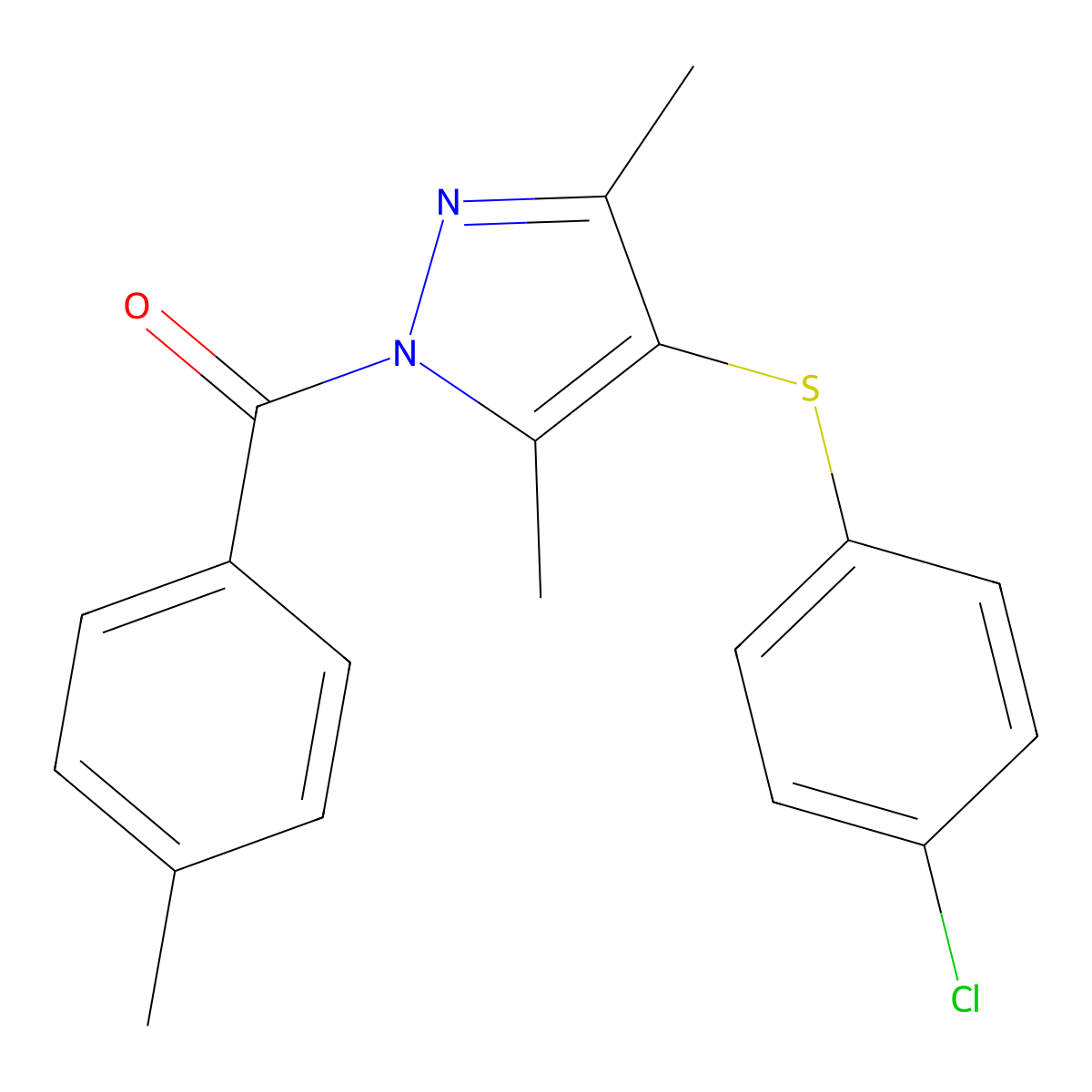 (4-((4-chlorophenyl)thio)-3,5-dimethyl-1H-pyrazol-1-yl)(p-tolyl)methanone molecular structure, CAS 302938-47-2