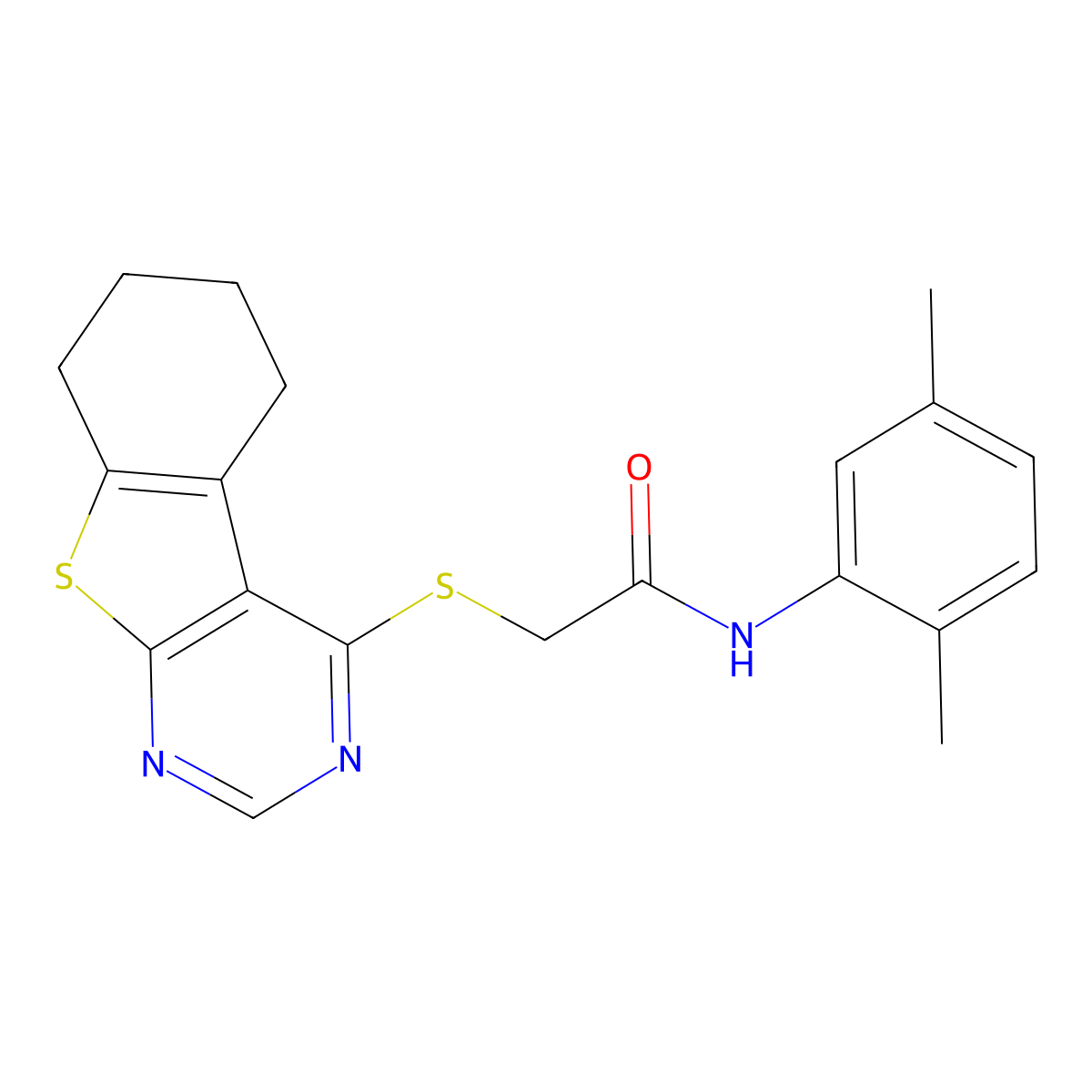 N-(2,5-dimethylphenyl)-2-(5,6,7,8-tetrahydro[1]benzothieno[2,3-d]pyrimidin-4-ylsulfanyl)acetamide molecular structure, CAS 302939-78-2