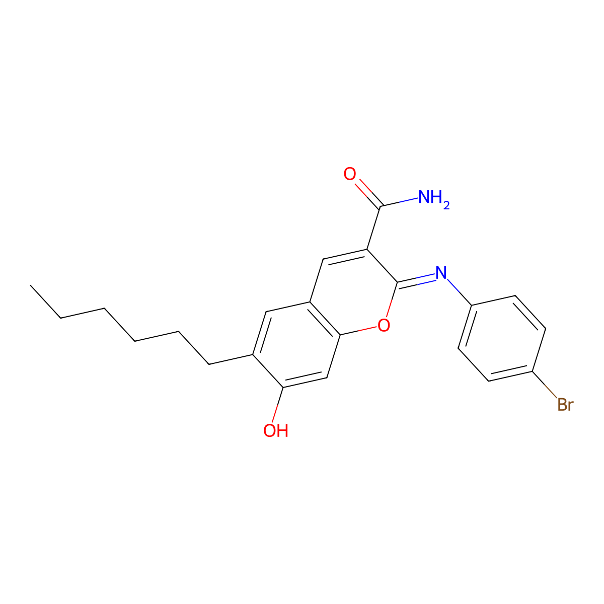 (2Z)-2-[(4-bromophenyl)imino]-6-hexyl-7-hydroxy-2H-chromene-3-carboxamide molecular structure, CAS 302939-90-8