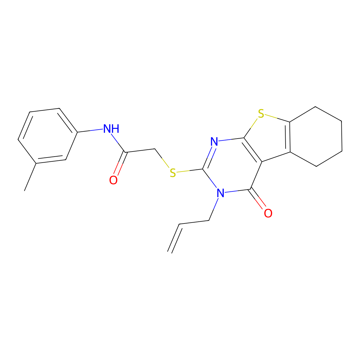 N-(3-methylphenyl)-2-[(4-oxo-3-prop-2-enyl-5,6,7,8-tetrahydro-[1]benzothiolo[2,3-d]pyrimidin-2-yl)sulfanyl]acetamide molecular structure, CAS 302940-39-2