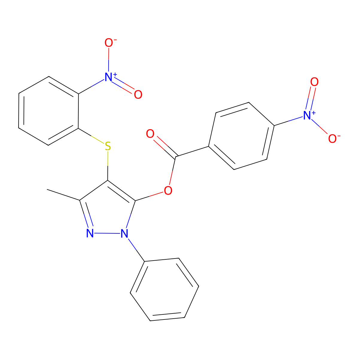 3-methyl-4-((2-nitrophenyl)thio)-1-phenyl-1H-pyrazol-5-yl 4-nitrobenzoate molecular structure, CAS 302940-53-0