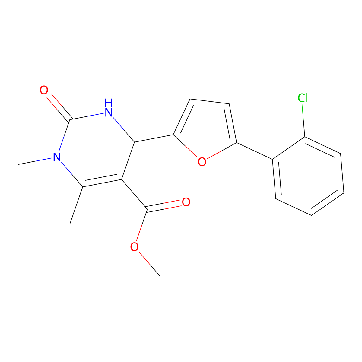 Methyl 4-[5-(2-chlorophenyl)furan-2-yl]-1,6-dimethyl-2-oxo-1,2,3,4-tetrahydropyrimidine-5-carboxylate molecular structure, CAS 302941-42-0