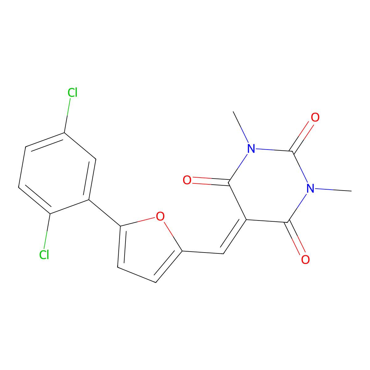 5-{[5-(2,5-dichlorophenyl)-2-furyl]methylene}-1,3-dimethyl-2,4,6(1H,3H,5H)-pyrimidinetrione molecular structure, CAS 302946-22-1