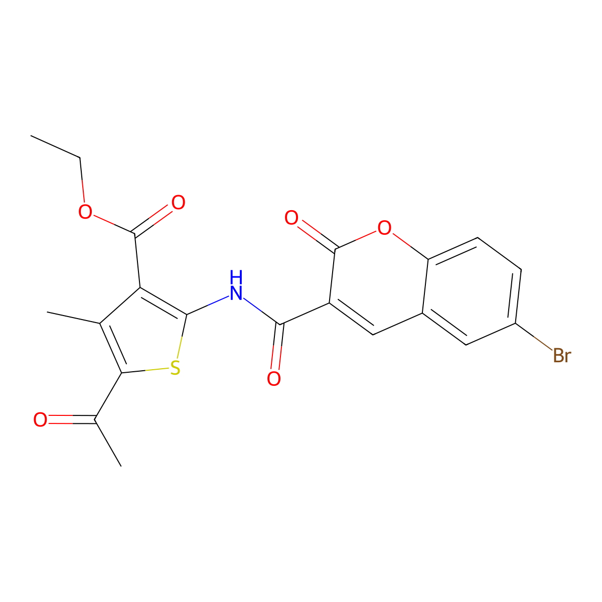 ethyl 5-acetyl-2-{[(6-bromo-2-oxo-2H-chromen-3-yl)carbonyl]amino}-4-methylthiophene-3-carboxylate molecular structure, CAS 302948-64-7