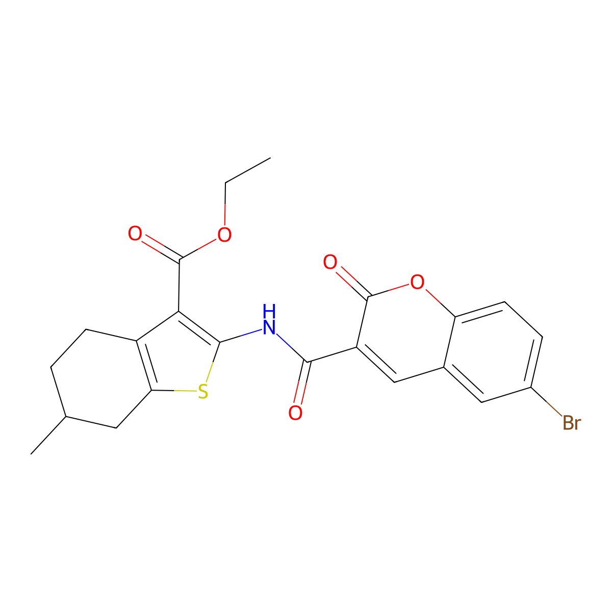 ethyl 2-{[(6-bromo-2-oxo-2H-chromen-3-yl)carbonyl]amino}-6-methyl-4,5,6,7-tetrahydro-1-benzothiophene-3-carboxylate molecular structure, CAS 302948-66-9
