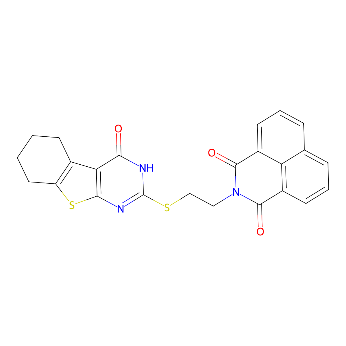 2-[2-[(4-oxo-5,6,7,8-tetrahydro-3H-[1]benzothiolo[2,3-d]pyrimidin-2-yl)sulfanyl]ethyl]benzo[de]isoquinoline-1,3-dione molecular structure, CAS 302949-21-9