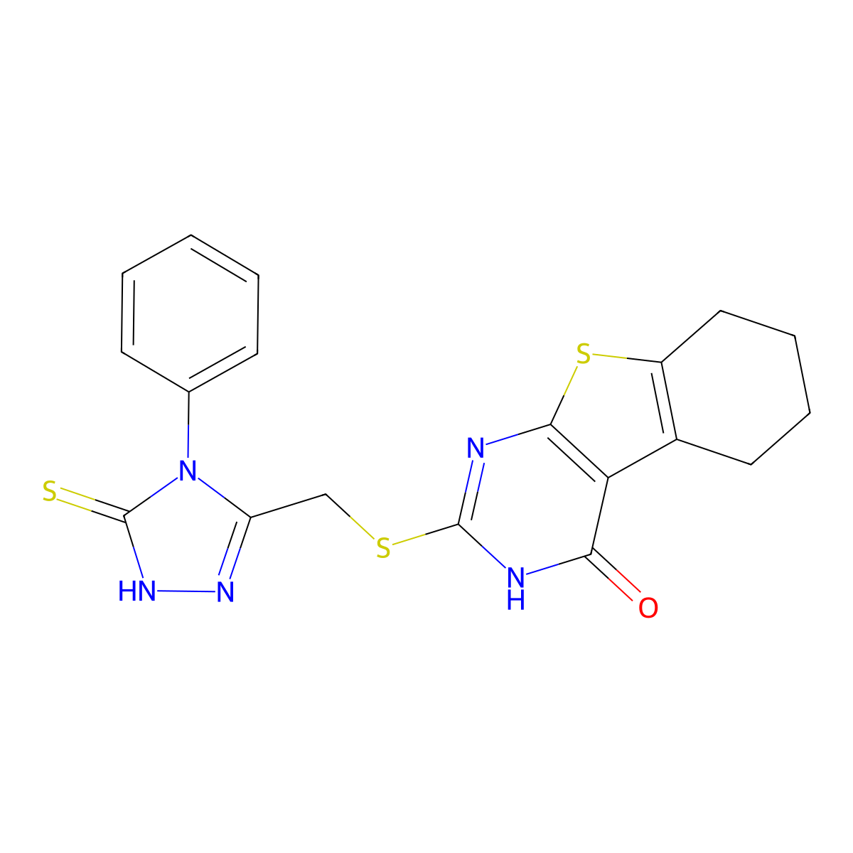 2-{[(4-phenyl-5-thioxo-4,5-dihydro-1H-1,2,4-triazol-3-yl)methyl]sulfanyl}-5,6,7,8-tetrahydro[1]benzothieno[2,3-d]pyrimidin-4(3H)-one molecular structure, CAS 302949-26-4