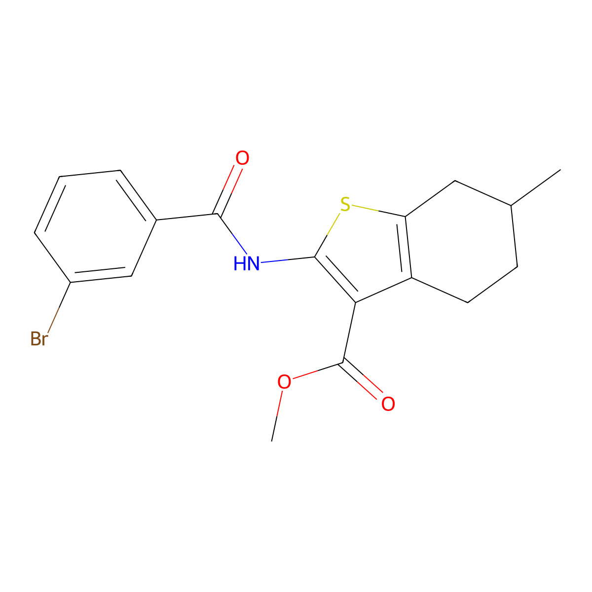 Methyl 2-(3-bromobenzamido)-6-methyl-4,5,6,7-tetrahydro-1-benzothiophene-3-carboxylate molecular structure, CAS 302950-23-8