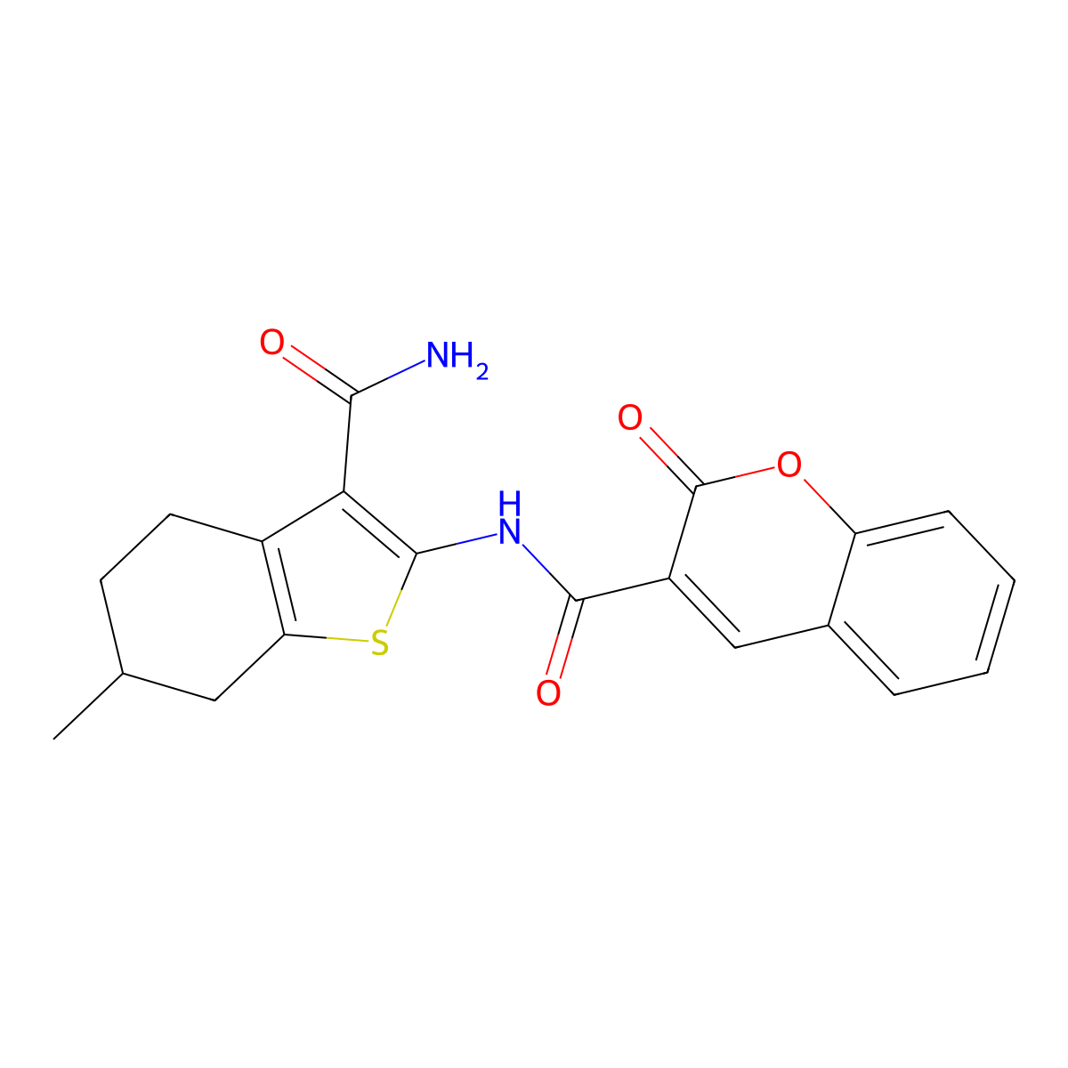 N-(3-carbamoyl-6-methyl-4,5,6,7-tetrahydro-1-benzothiophen-2-yl)-2-oxo-2H-chromene-3-carboxamide molecular structure, CAS 302950-35-2