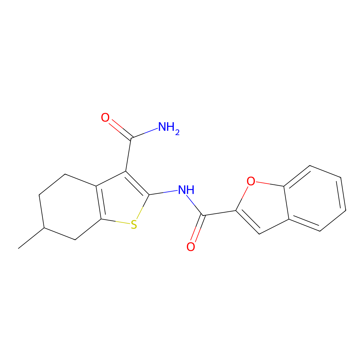 N-(3-carbamoyl-6-methyl-4,5,6,7-tetrahydro-1-benzothiophen-2-yl)-1-benzofuran-2-carboxamide molecular structure, CAS 302950-36-3