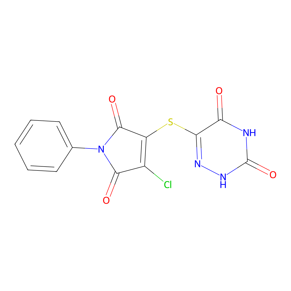 6-((4-chloro-2,5-dioxo-1-phenyl-2,5-dihydro-1H-pyrrol-3-yl)thio)-1,2,4-triazine-3,5(2H,4H)-dione molecular structure, CAS 302950-77-2