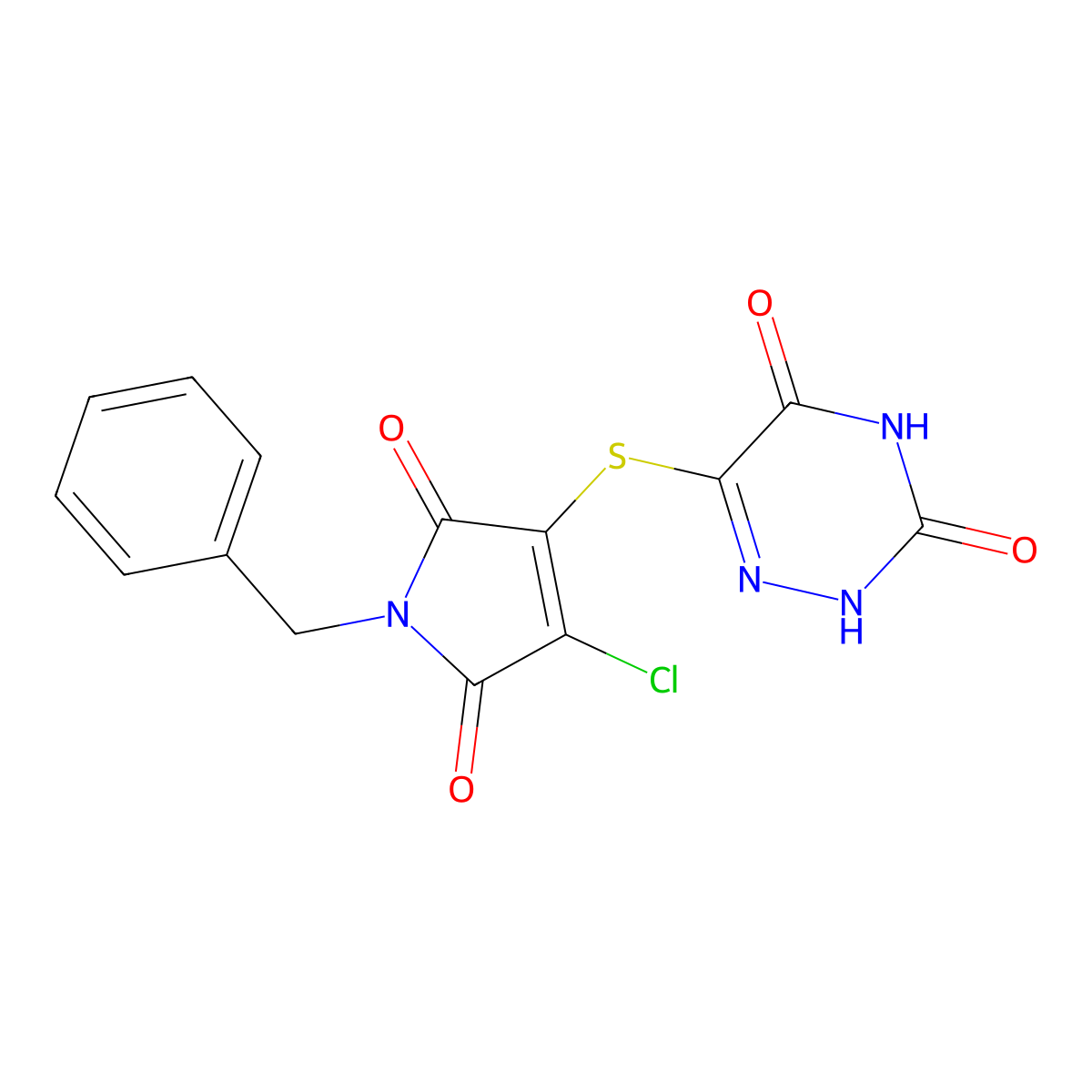 6-((1-benzyl-4-chloro-2,5-dioxo-2,5-dihydro-1H-pyrrol-3-yl)thio)-1,2,4-triazine-3,5(2H,4H)-dione molecular structure, CAS 302950-78-3