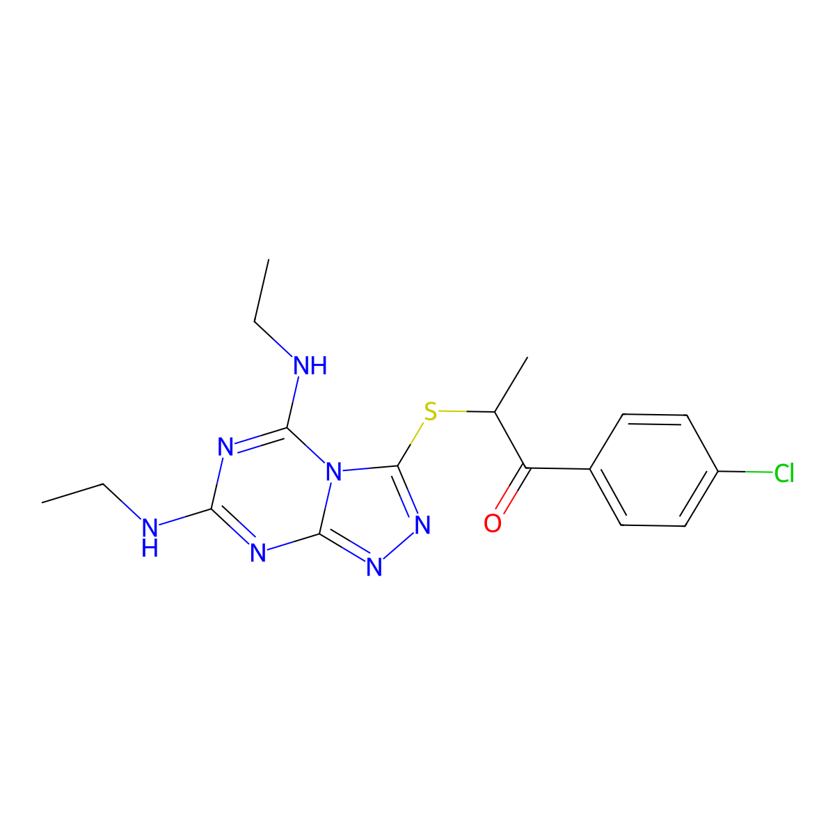 2-((5,7-Bis(ethylamino)-[1,2,4]triazolo[4,3-a][1,3,5]triazin-3-yl)thio)-1-(4-chlorophenyl)propan-1-one molecular structure, CAS 302950-87-4