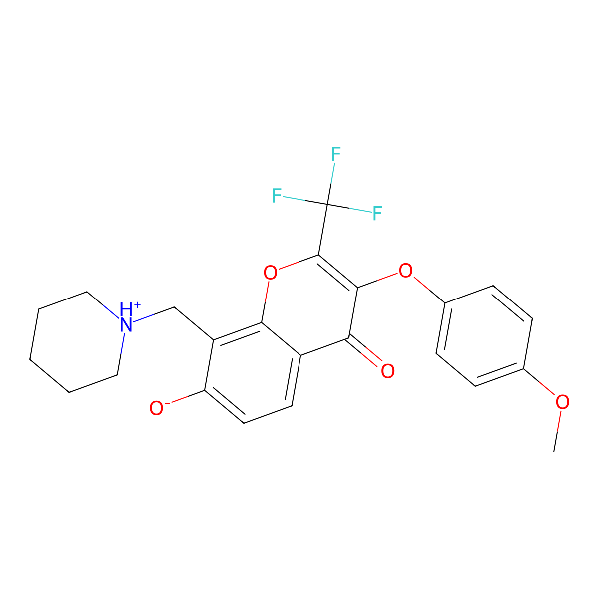 7-hydroxy-3-(4-methoxyphenoxy)-8-(piperidin-1-ylmethyl)-2-(trifluoromethyl)-4H-chromen-4-one molecular structure, CAS 302952-70-1