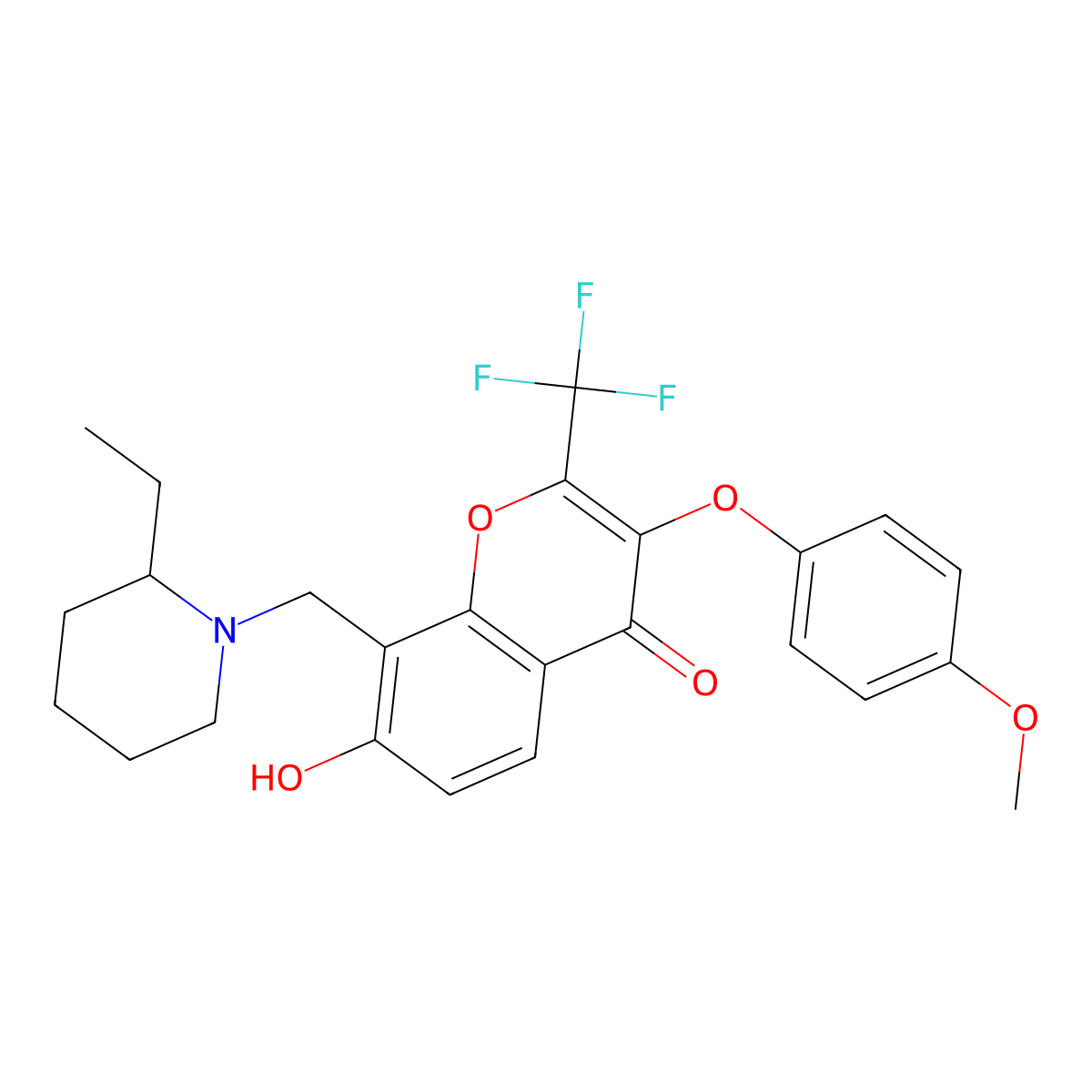 8-[(2-Ethylpiperidin-1-yl)methyl]-7-hydroxy-3-(4-methoxyphenoxy)-2-(trifluoromethyl)chromen-4-one molecular structure, CAS 302952-74-5