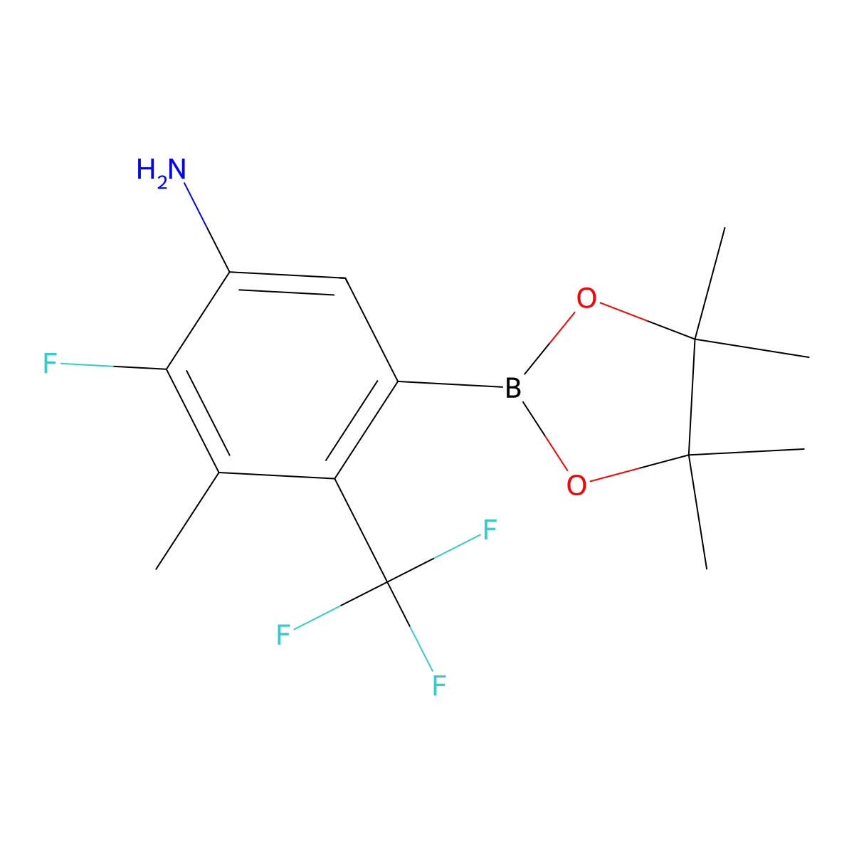 2-Fluoro-3-methyl-5-(4,4,5,5-tetramethyl-1,3,2-dioxaborolan-2-yl)-4-(trifluoromethyl)aniline molecular structure, CAS 3029587-73-0
