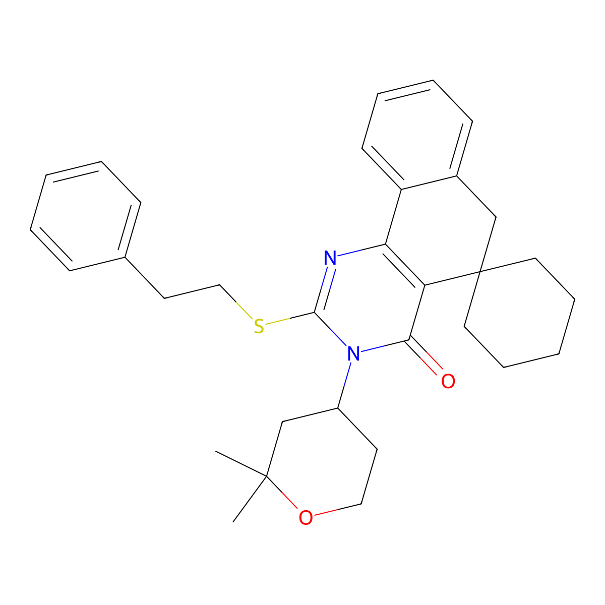 3-(2,2-dimethyloxan-4-yl)-2-(2-phenylethylsulfanyl)spiro[6H-benzo[h]quinazoline-5,1'-cyclohexane]-4-one molecular structure, CAS 303013-79-8