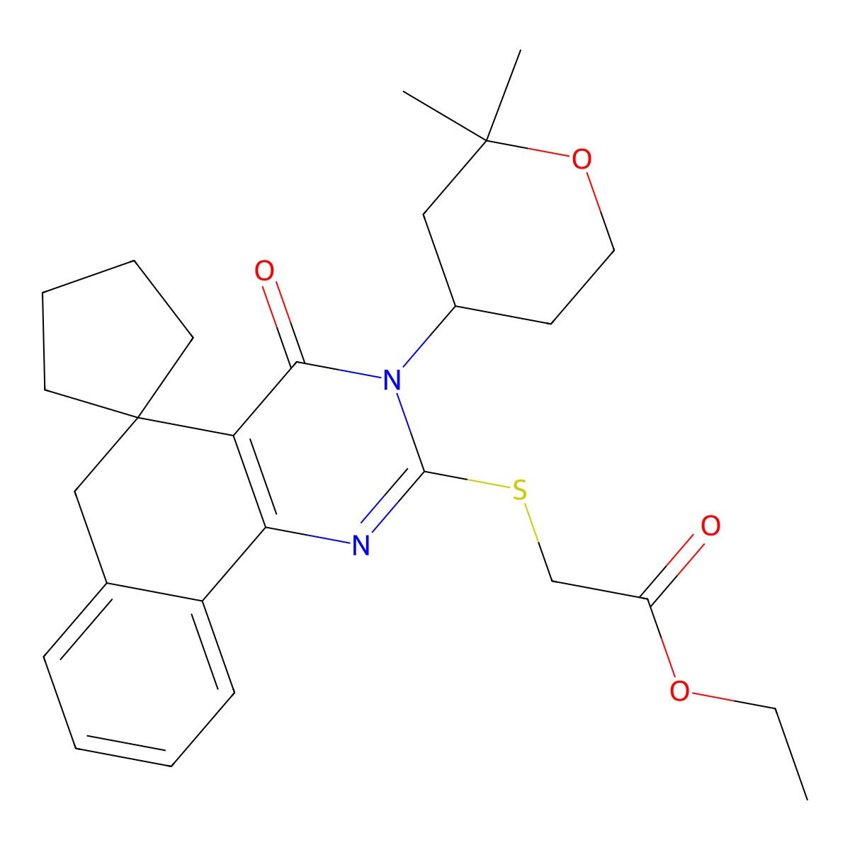 ethyl 2-[3-(2,2-dimethyloxan-4-yl)-4-oxospiro[6H-benzo[h]quinazoline-5,1'-cyclopentane]-2-yl]sulfanylacetate molecular structure, CAS 303013-83-4