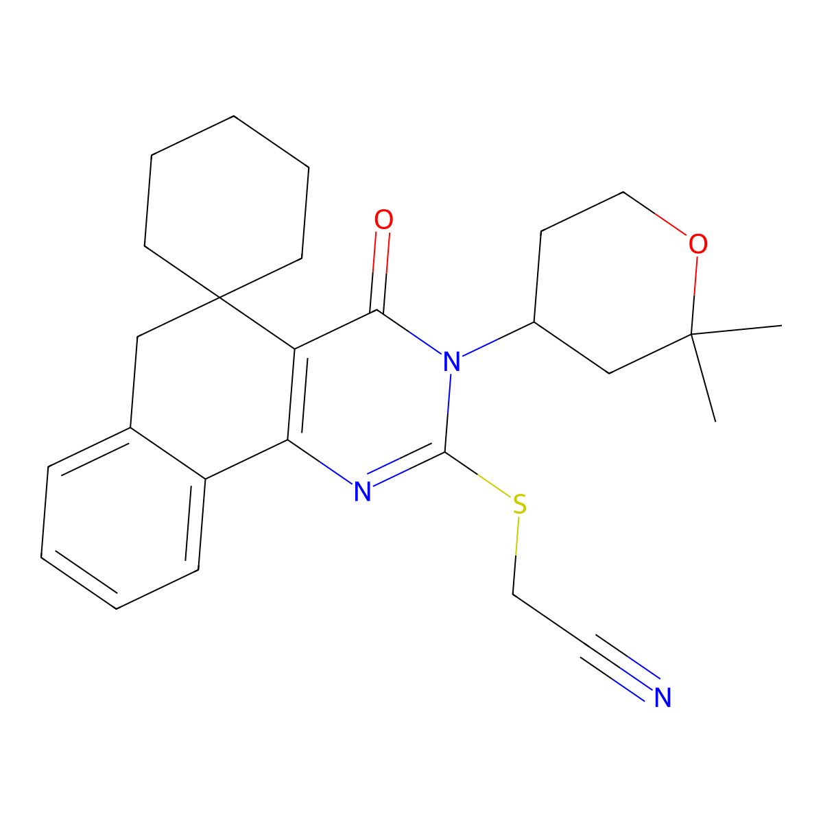 2-[3-(2,2-dimethyloxan-4-yl)-4-oxospiro[6H-benzo[h]quinazoline-5,1'-cyclohexane]-2-yl]sulfanylacetonitrile molecular structure, CAS 303013-91-4