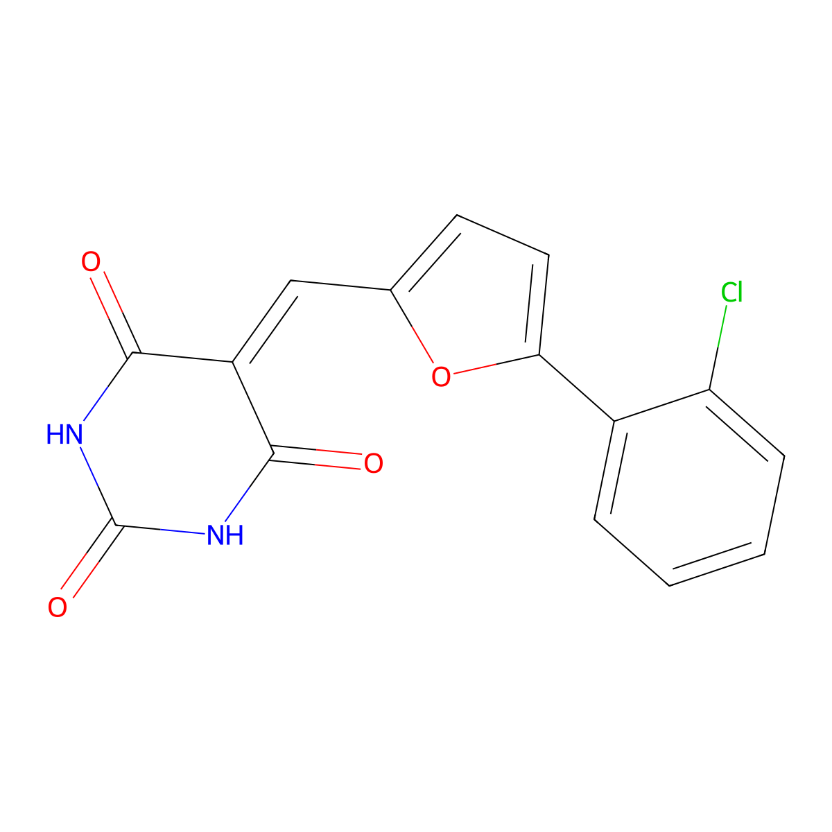 5-{[5-(2-chlorophenyl)furan-2-yl]methylidene}pyrimidine-2,4,6(1H,3H,5H)-trione molecular structure, CAS 303016-32-2