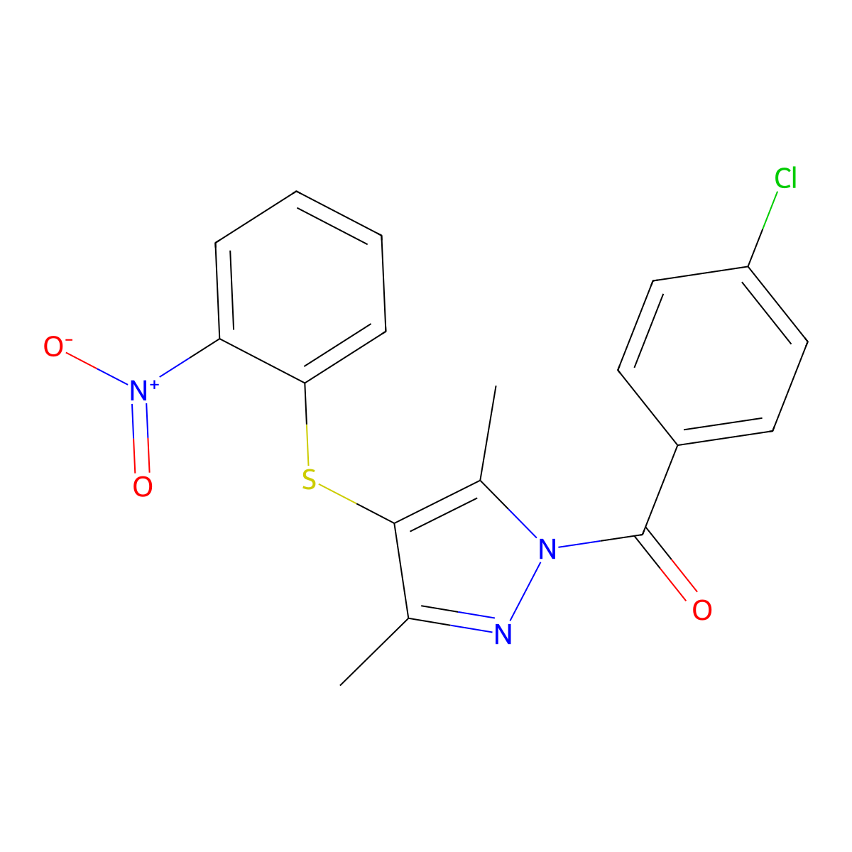 (4-chlorophenyl)(3,5-dimethyl-4-((2-nitrophenyl)thio)-1H-pyrazol-1-yl)methanone molecular structure, CAS 303017-42-7