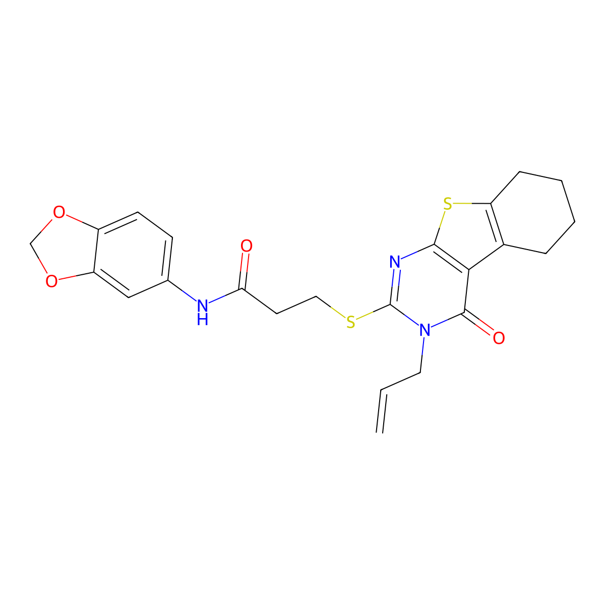 N-(2H-1,3-benzodioxol-5-yl)-3-{[3-oxo-4-(prop-2-en-1-yl)-8-thia-4,6-diazatricyclo[7.4.0.0^{2,7}]trideca-1(9),2(7),5-trien-5-yl]sulfanyl}propanamide molecular structure, CAS 303017-90-5