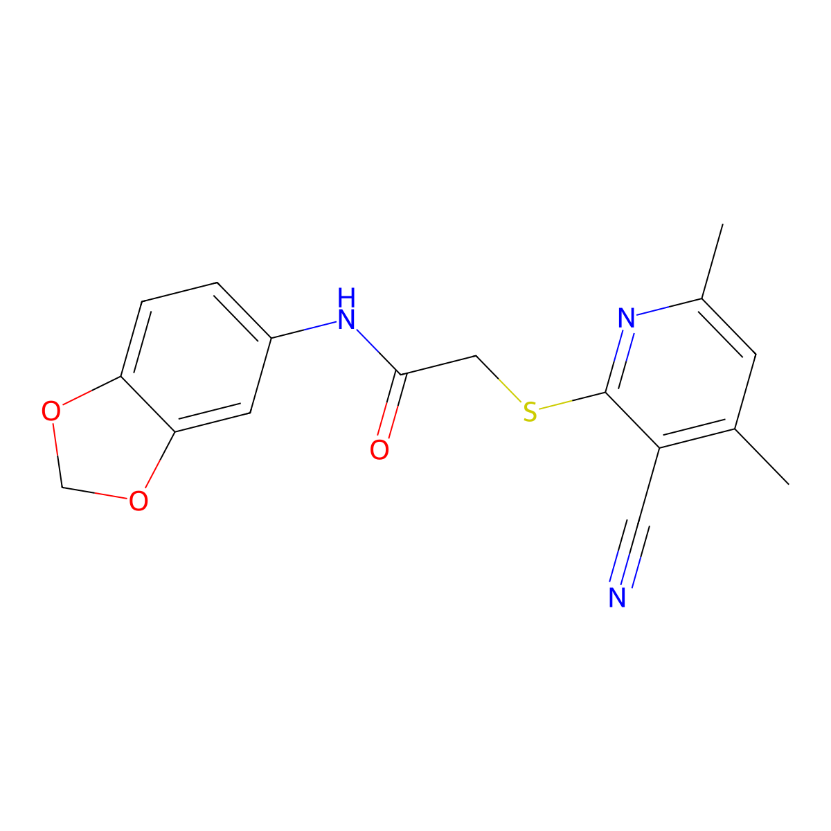 N-(Benzo[d][1,3]dioxol-5-yl)-2-((3-cyano-4,6-dimethylpyridin-2-yl)thio)acetamide molecular structure, CAS 303018-40-8