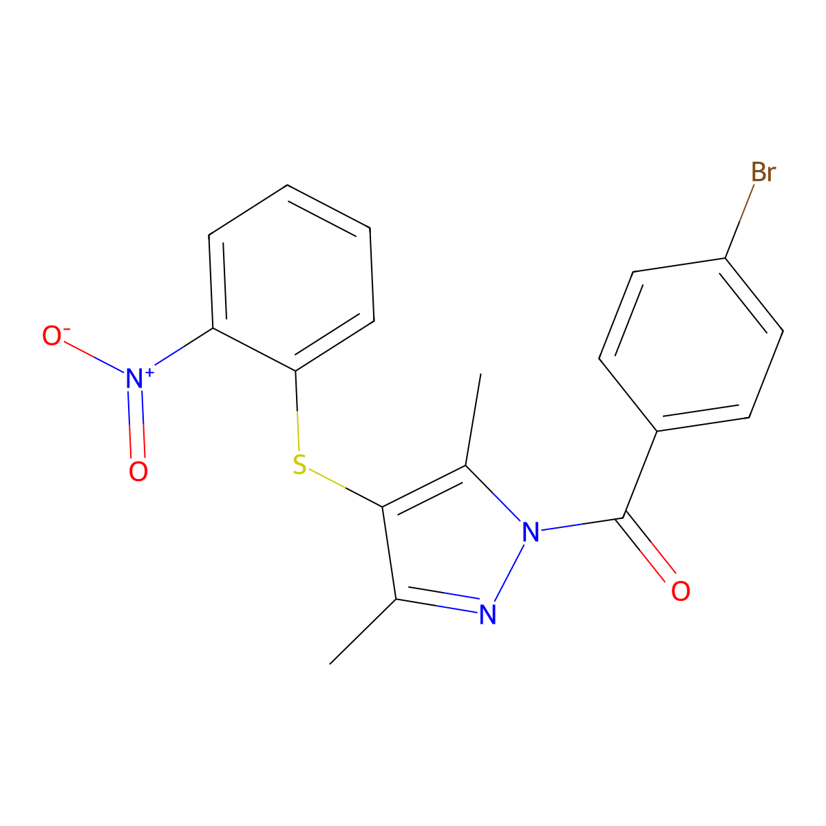 (4-bromophenyl)(3,5-dimethyl-4-((2-nitrophenyl)thio)-1H-pyrazol-1-yl)methanone molecular structure, CAS 303019-15-0