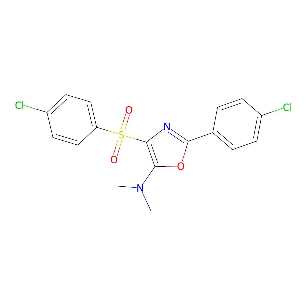 2-(4-chlorophenyl)-4-(4-chlorophenyl)sulfonyl-N,N-dimethyl-1,3-oxazol-5-amine molecular structure, CAS 303023-28-1